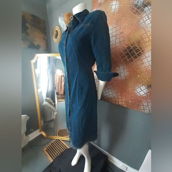 Vintage Stretch Cotton Dark Wash Denim Midi Dress - Picture 4 of 16